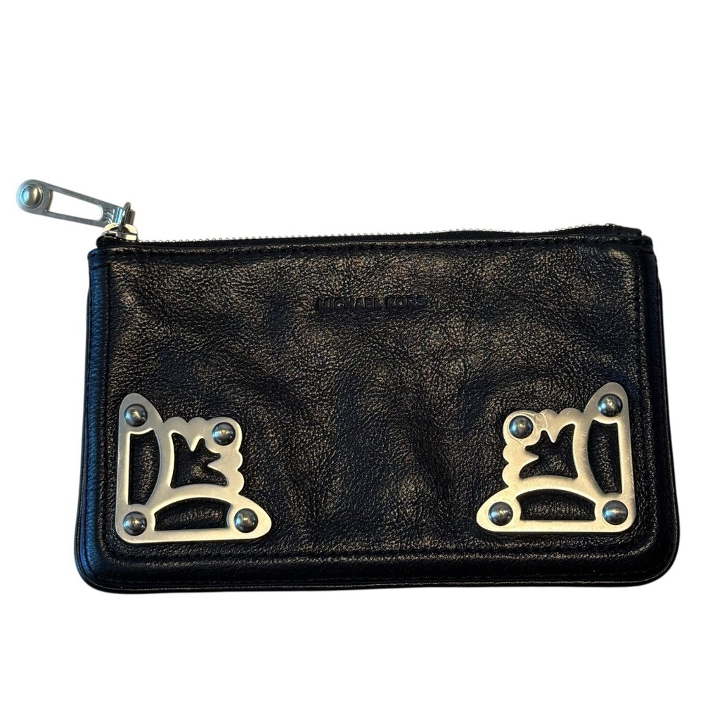 MICHAEL KORS Black Pebbled Leather Pouch Bag Wallet Canvas Lined Metal Decor